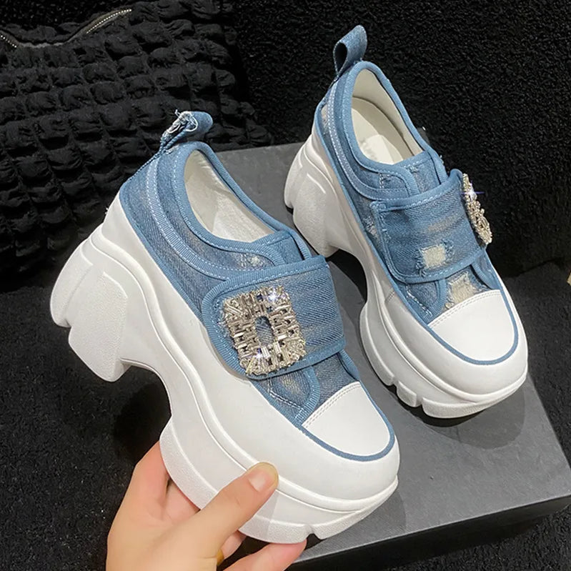 Women Crystal High Heels Chunky Platform Shoes Spring Trend Cowboy Sandals Running Sneakers Walking Mujer Zapatos