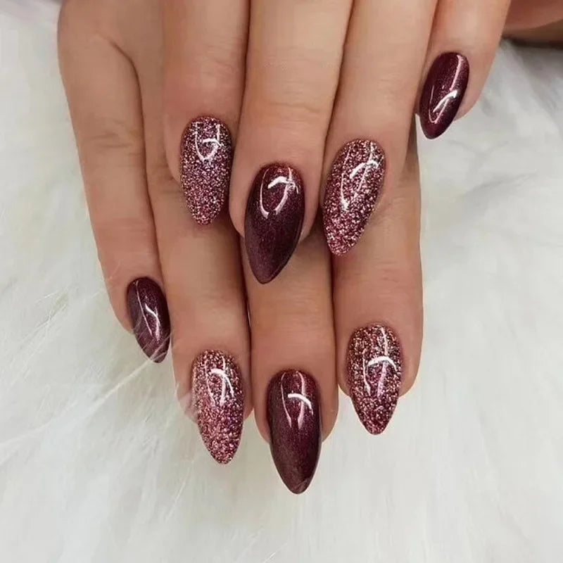 Unhas postiças simples vermelho vinho com cola, comprimento médio, amêndoa, unhas postiças, vestíveis, cabeça redonda, oval, cobertura total