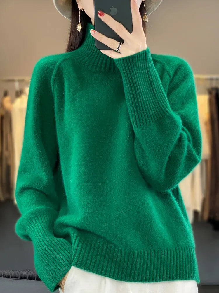 Women Turtleneck Sweater Autumn Winter Basic Pullover 100% Merino Wool Long Sleeves Cashmere Knitted Jumper Female Clothing Tops green