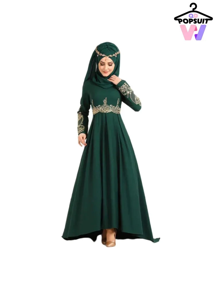 New In Women Dress NO Scarf Elegant Muslim Islam Abaya Embroidered Elastic Falbala High Waist Slim Party Robe Swing Robe Dresses