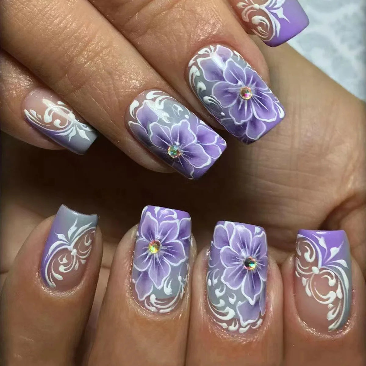 24pcs Acrylic Press on Nails Medium Green Flower Plants Pattern Fake Nails with Glue Ballet Full Cover Wearable False Nail Tips