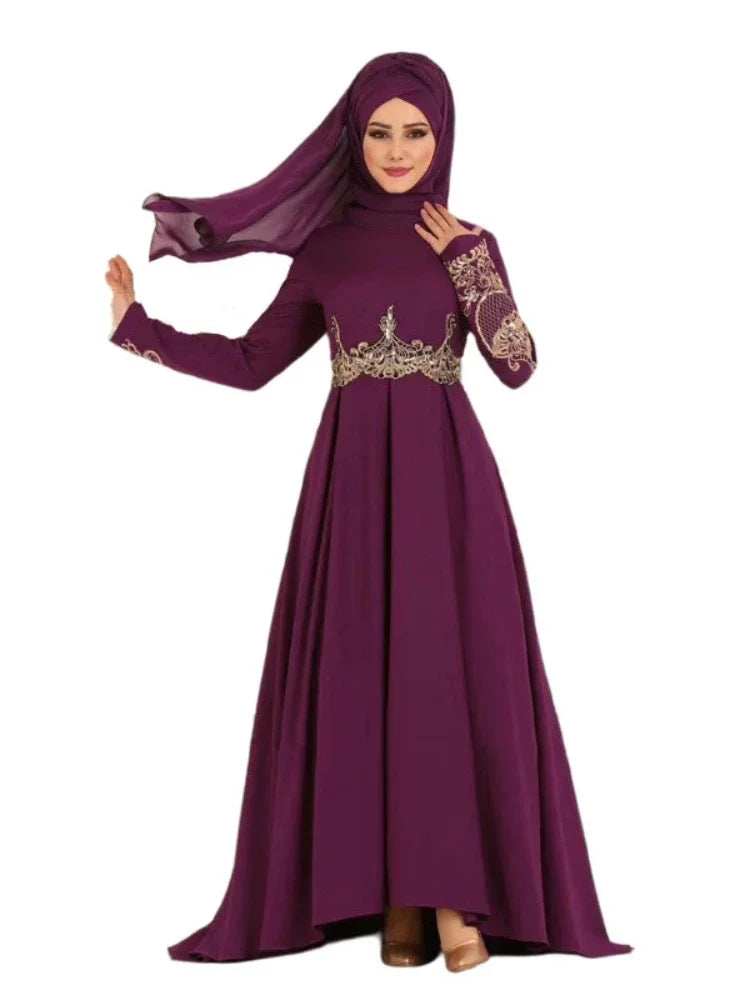 New In Women Dress NO Scarf Elegant Muslim Islam Abaya Embroidered Elastic Falbala High Waist Slim Party Robe Swing Robe Dresses Purple