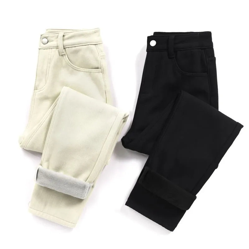 Women Denim Jeans Plus Velvet Autumn and Winter Regular Fit Straight Classic Fashion Warm Pants