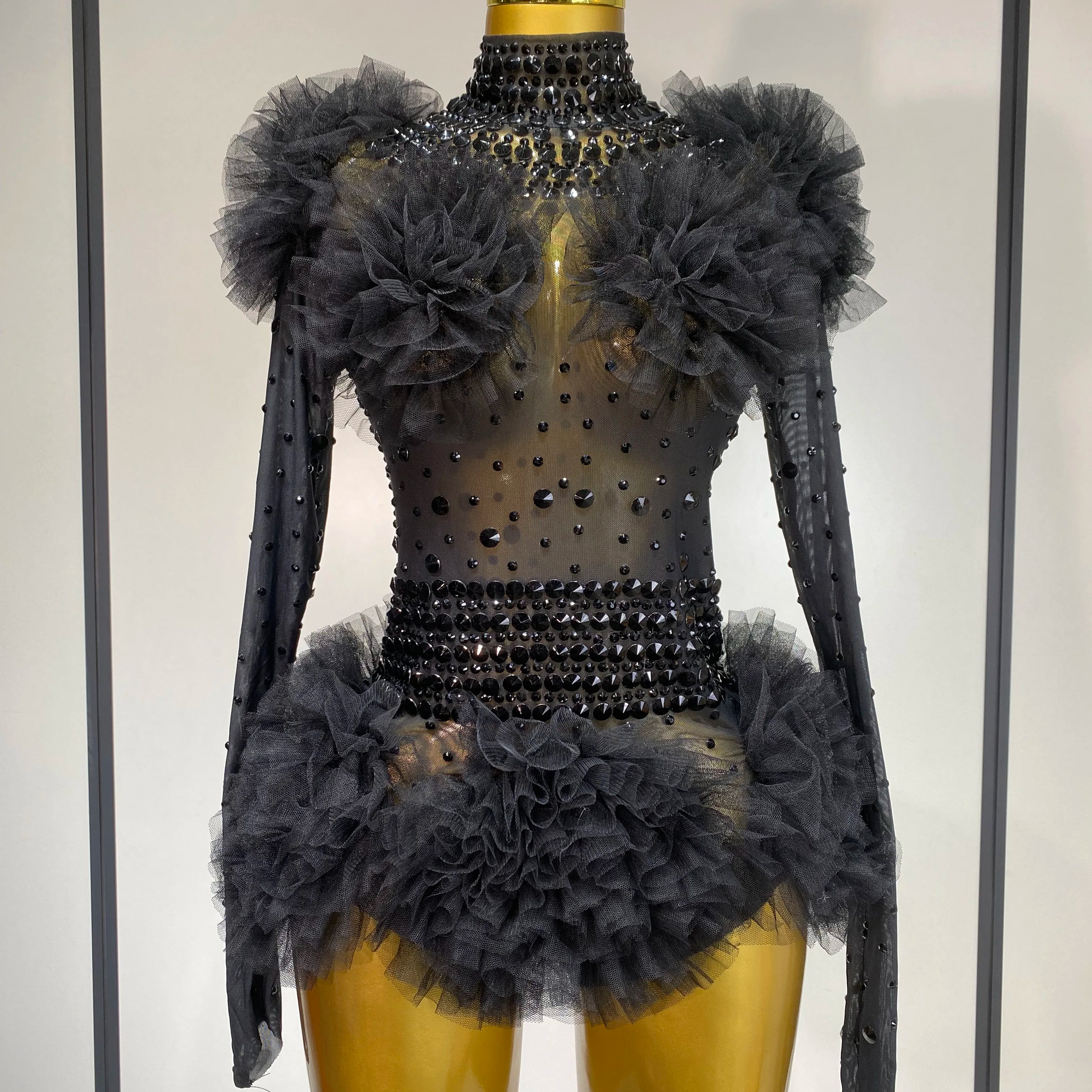 Sexy See Through Rhinestone Bodysuit 2025 Women Sexy Tight Mesh Ruffles Performance Dancer Singer Costume Nightclub Stage Outfit