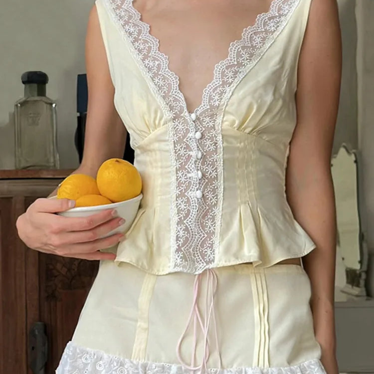 Lace Sexy Two Piece Sets Women Deep V Neck Sleeveless Crop Tops And Mini Skirt Matching Sets Elegant 2 Piece Sets