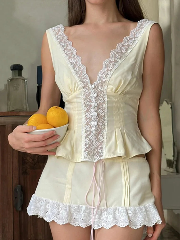 Lace Sexy Two Piece Sets Women Deep V Neck Sleeveless Crop Tops And Mini Skirt Matching Sets Elegant 2 Piece Sets
