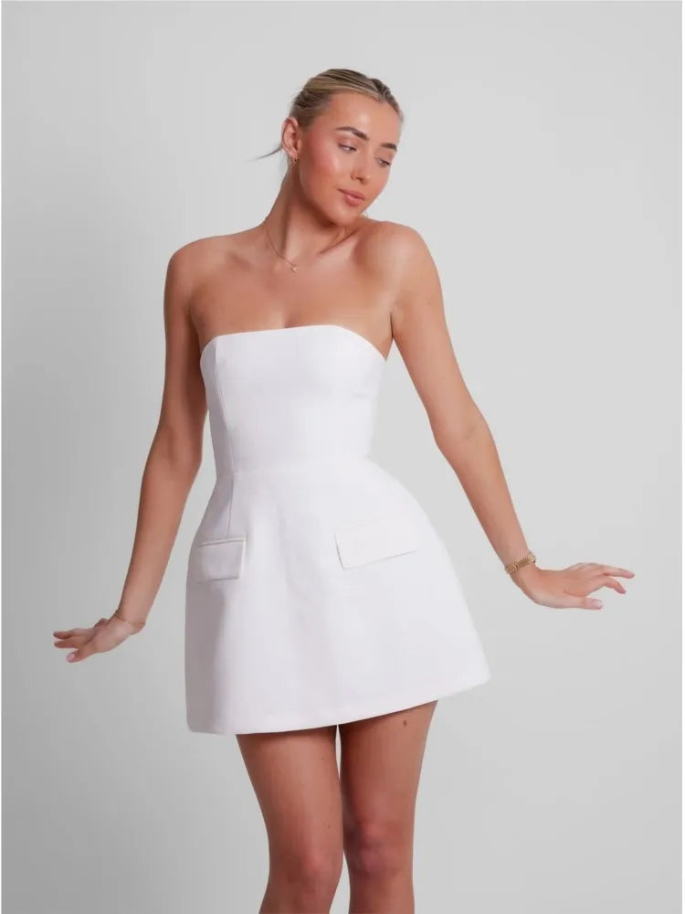 Sexy Solid Strapless Mini Dress For Women Elegant Slim Backless Pockets A-line Dresses Female Chic High Street Vestido Robe