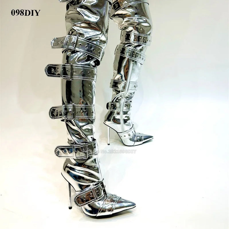 Denim Thigh High Boots Women Sexy Super Pointy Toe Punk Metal Buckle High Heels Shoes Ladies Puttee Blue Biker Boots De Mujer as showed color 3