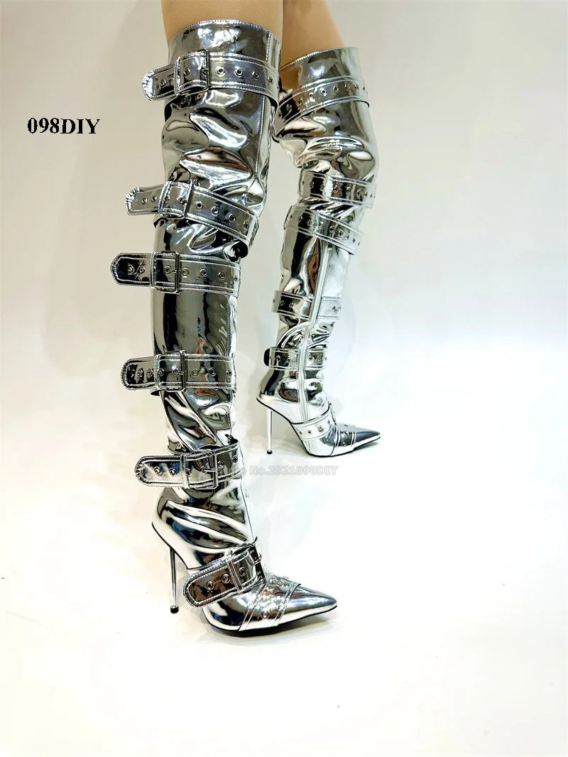 Denim Thigh High Boots Women Sexy Super Pointy Toe Punk Metal Buckle High Heels Shoes Ladies Puttee Blue Biker Boots De Mujer as showed color 3