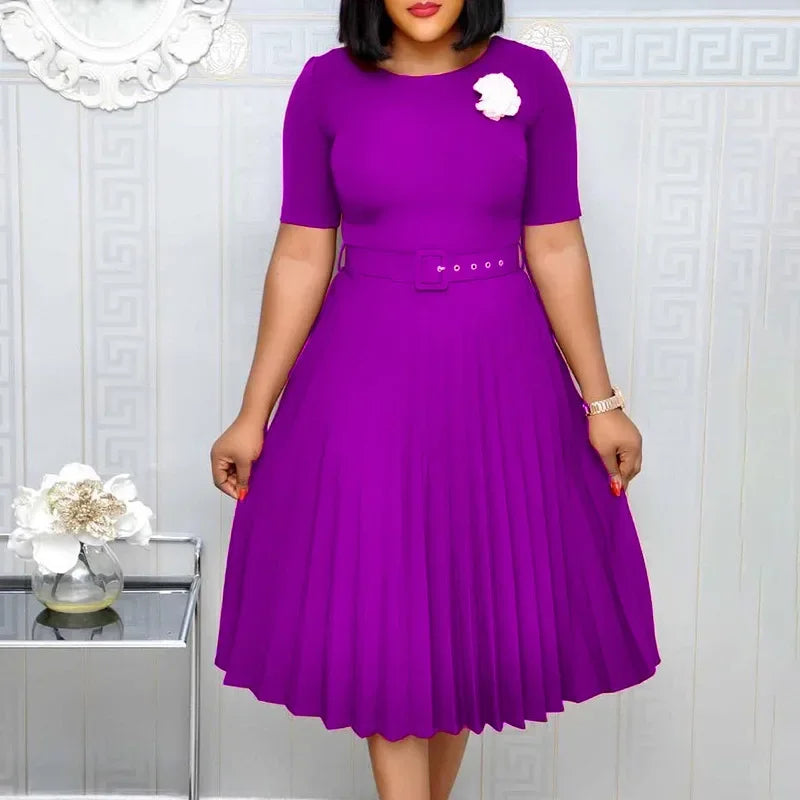 CM.YAYA Summer Midi Pleated Dress Short Sleeve Office Lady Africa Sashes Women High Waist Elegant Dresses Vestidos