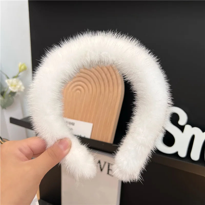 Hot Sale Women Luxury winter 100% Real Mink Fur Headbands High Quality Real Fur Hair Band Lady Fashion Hair Hoop Furry Gift White
