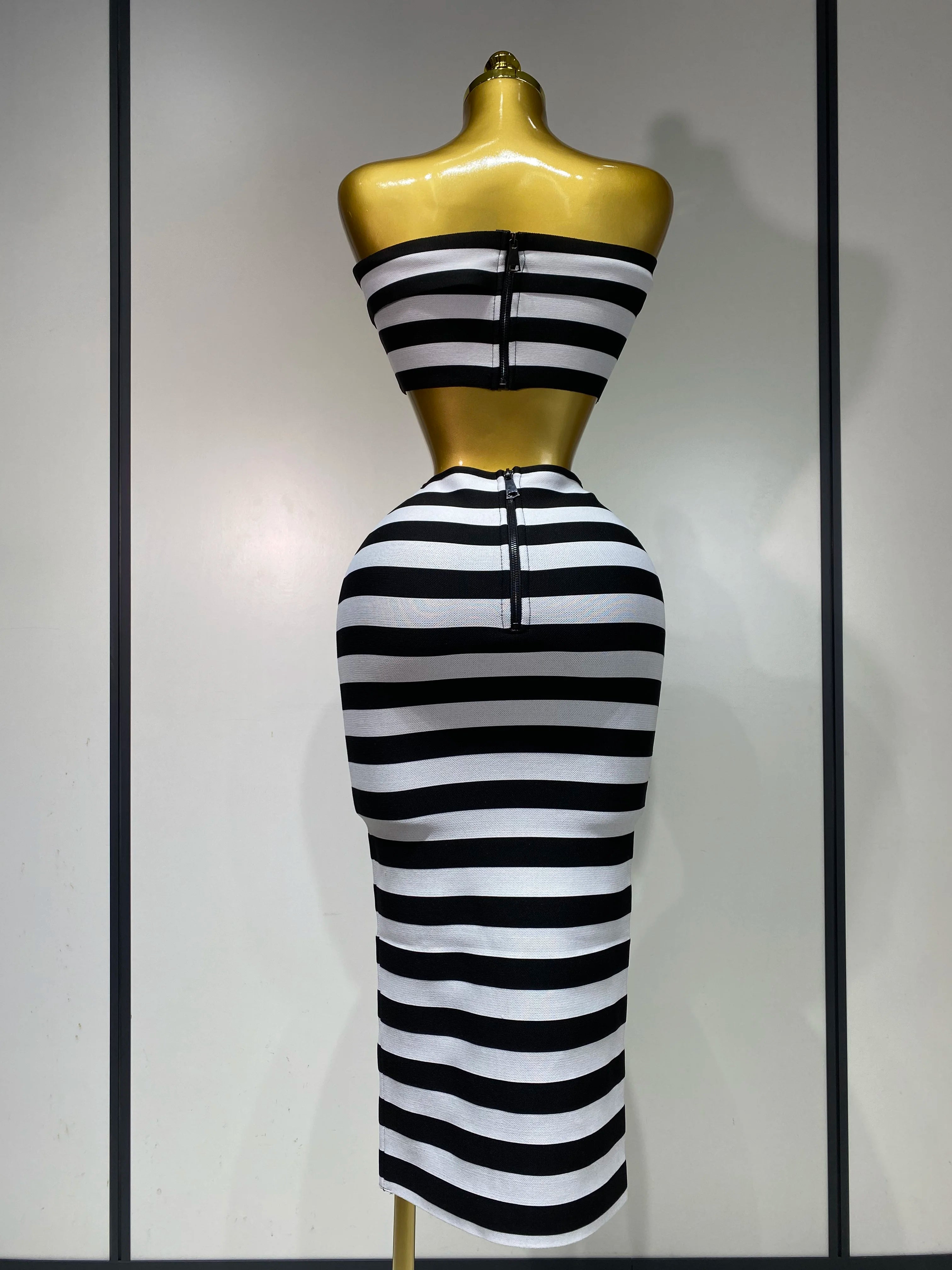 Women Sexy Off Shoulder Striped Button Two Piece Mini Bandage Set 2025 Celebrity Designer Evening Party Luxury Birthday Outfit