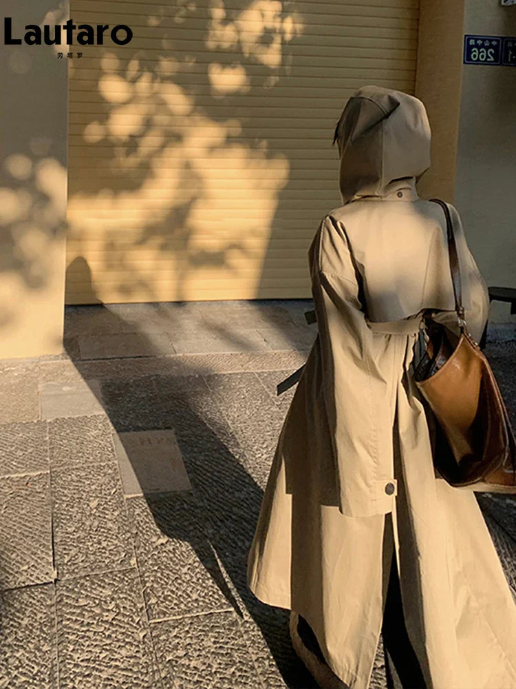Spring Autumn Long Oversized Light Khaki Trench Coat for Women with Hood Double Breasted Loose Casual Overcoat 2024