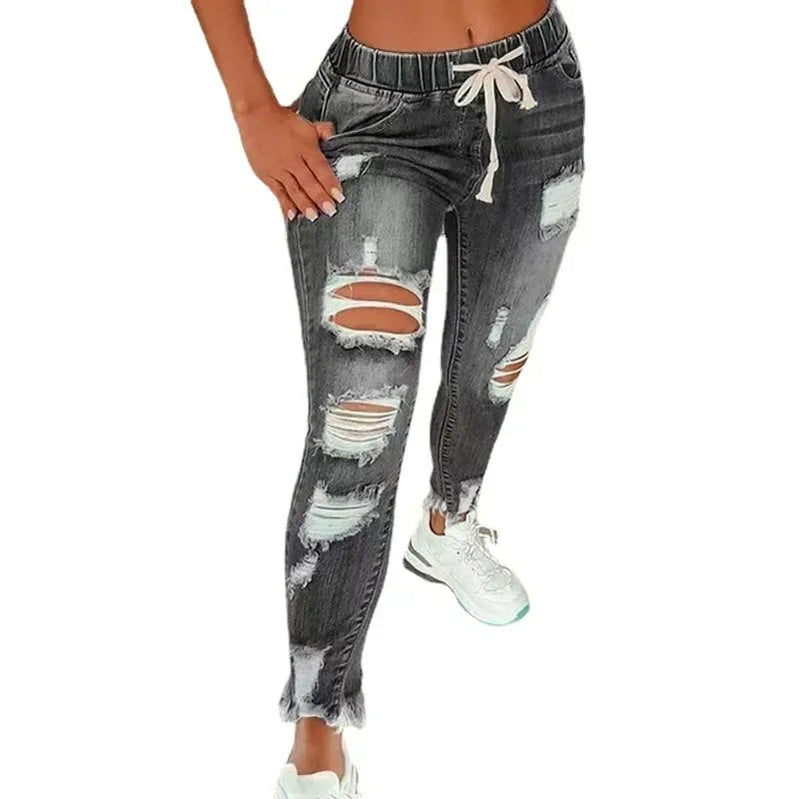 High European and American Waist Ripped for Women Ripped Jeans for Women Elastic Waist Drawstring Jeans