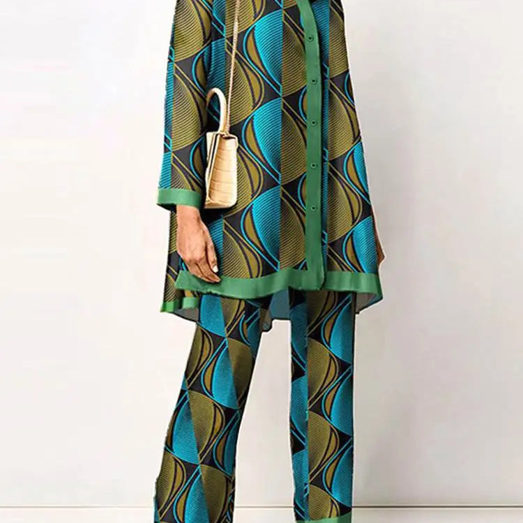 Fashion Retro Printed 2pcs Pant Sets ZANZEA Holiday Long Sleeve Lapel Shirts Outfits Elegant Women Long Trouser 2023 Tracksuit A-Green