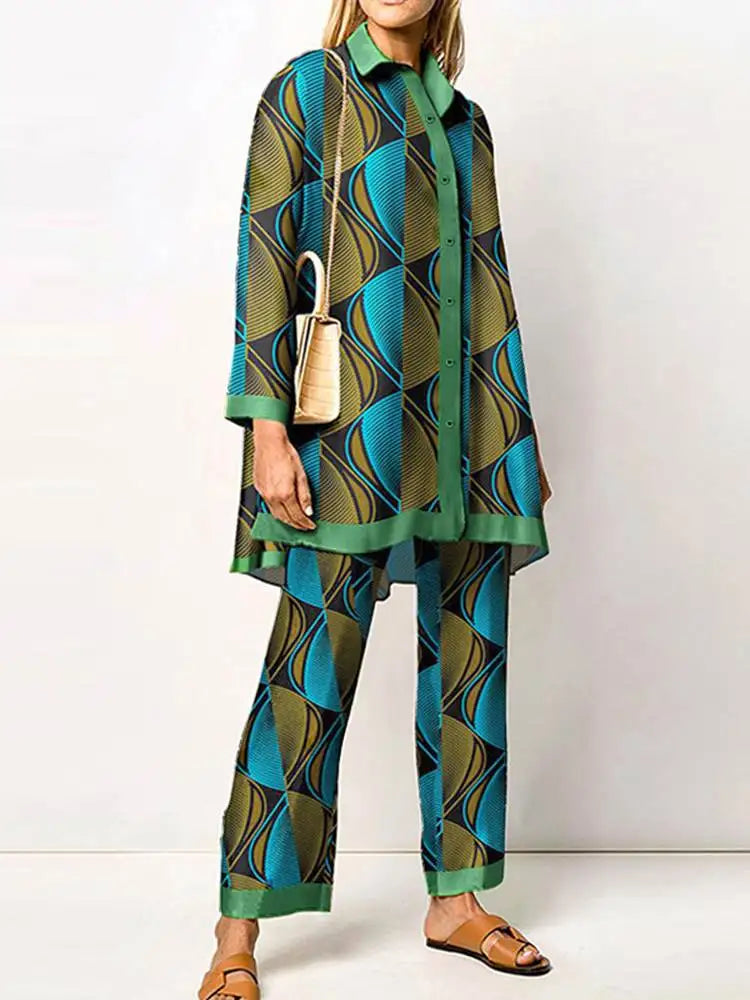 Fashion Retro Printed 2pcs Pant Sets ZANZEA Holiday Long Sleeve Lapel Shirts Outfits Elegant Women Long Trouser 2023 Tracksuit A-Green