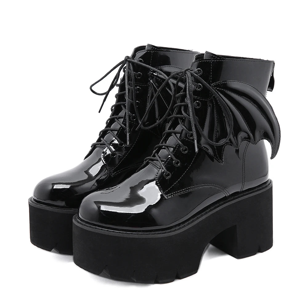 Women's Black Back Zipper Chunky Heel Boots Goth Style Lace Up Solid Color Platform Short Boots for Women Fashion Wing black