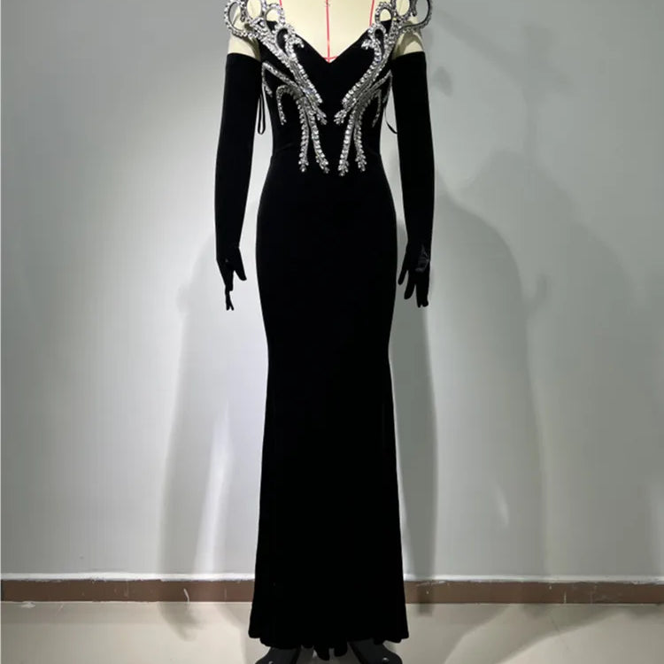 Women Long Sleeve With Gloves Off the Shoulder Floor-Length Dress Elegant Evening Party Prom Dress Vestido