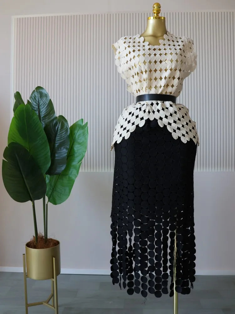 CM.YAYA Women Cutout O-neck Crop Top and Bodycon Midi Slim Maxi Long Skirt Suit 2025 Summer Vacation Sexy Two 2Piece Set Outfits Apricot-black-belt One Size