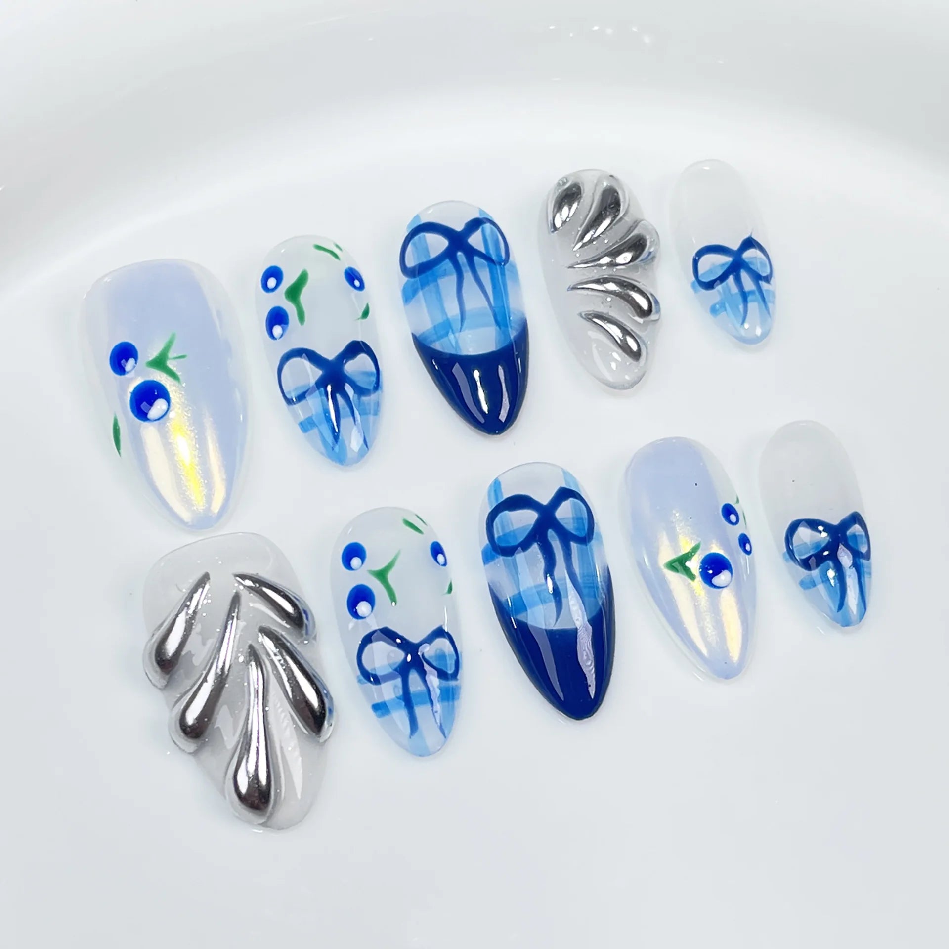 10Pcs Metallic Almond Handmade Fake Nails with Glue Sweet Cool Gel Nail Press on Dark Color Full Cover False Manicure Nail Tips
