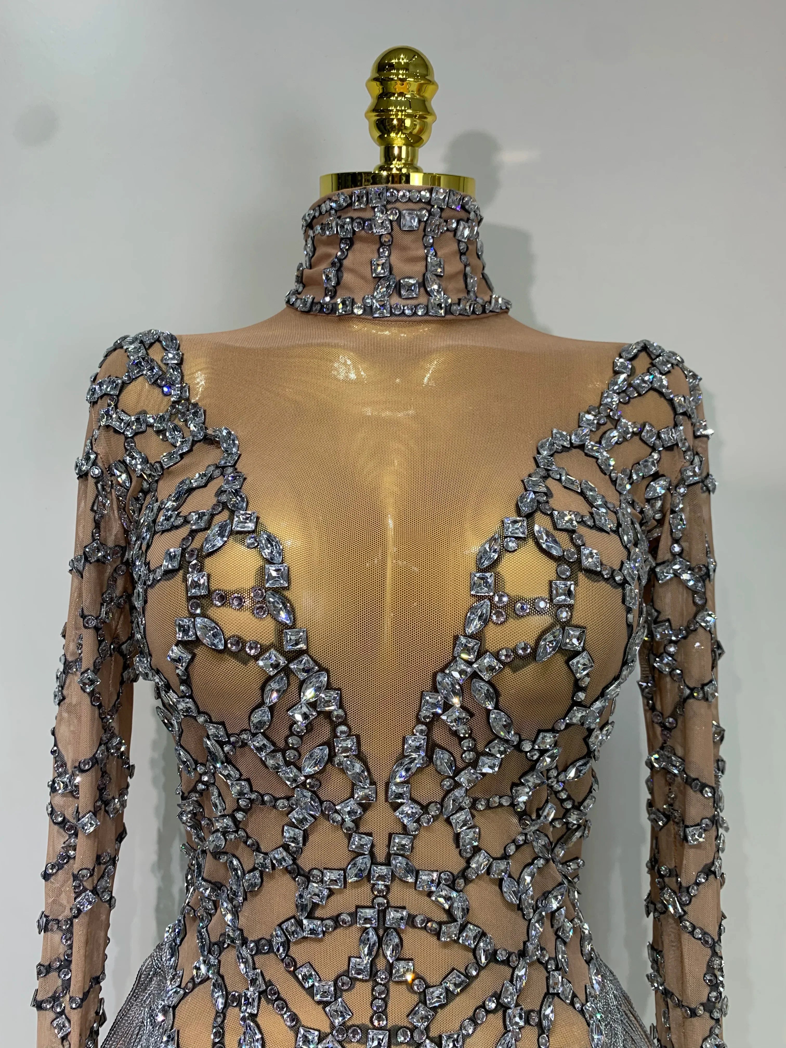 Shining Diamond Tassel Bodysuit Nightclub Stage Tight Mesh Long Sleeved Nightclub Singer Performance Costume