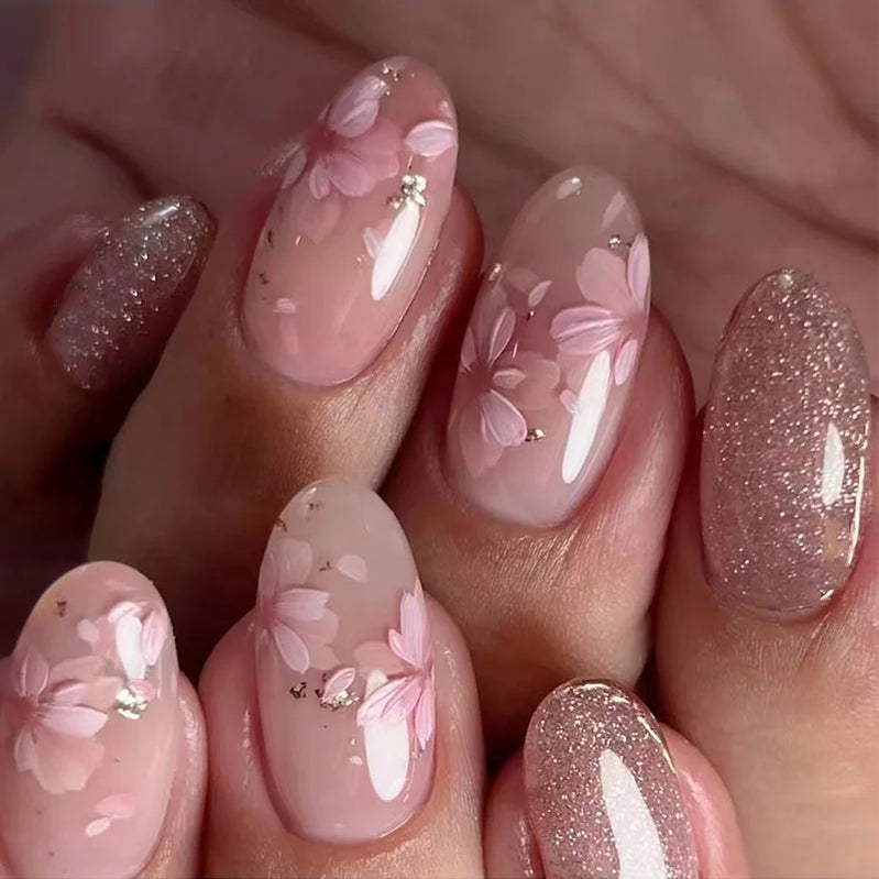 24pcs/30pcs/set Medium long 3D fake nails flowers golden foil bow rhinestones pink white summer nail tips press on false nails