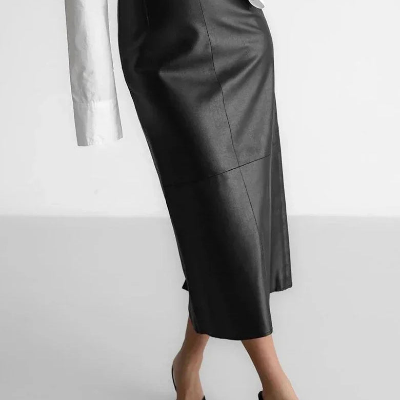 Khaki Wrap Skirts for Women Spring Elegant Simple PU Slit A Line Midi Skirts Black Sexy Slim High Waist Bodycon Skirt Black