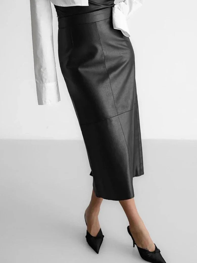 Khaki Wrap Skirts for Women Spring Elegant Simple PU Slit A Line Midi Skirts Black Sexy Slim High Waist Bodycon Skirt Black