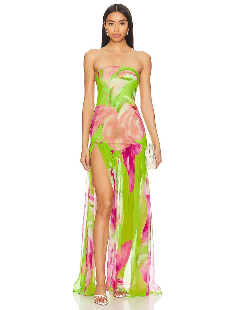 New Summer Print Strapless Mesh Patchwork Slit Long Dress Women Sexy Sleeveless Printed Split Colorful Vacation Maxi Dress Party Green