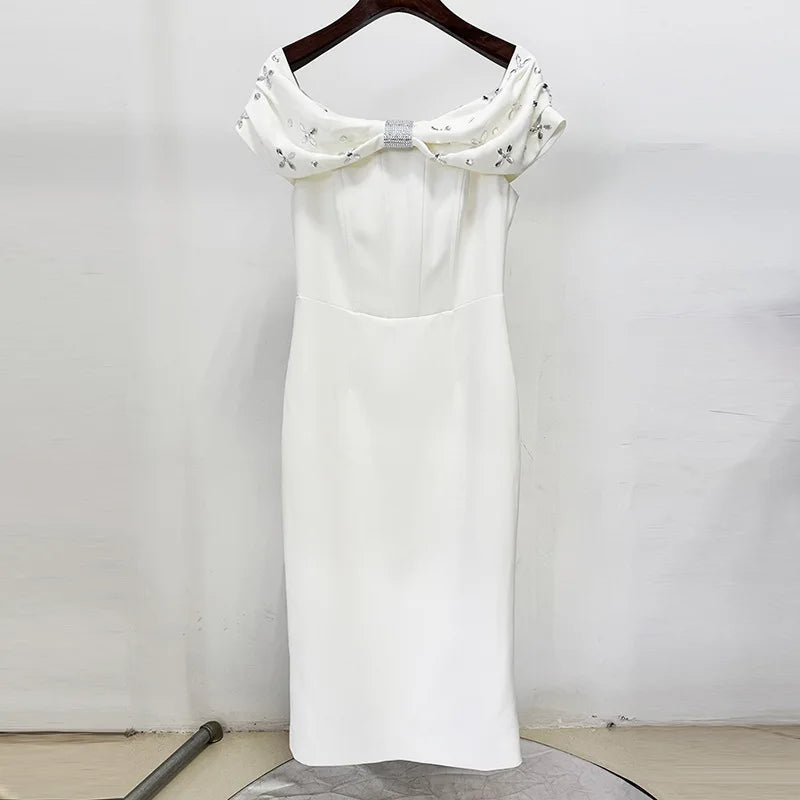 TWOTWINSTYLE Solid Slimming Spliced Bead Elegant Dresses for Women Slash Neck Short Sleeves Temperament Dress Female Fashion New