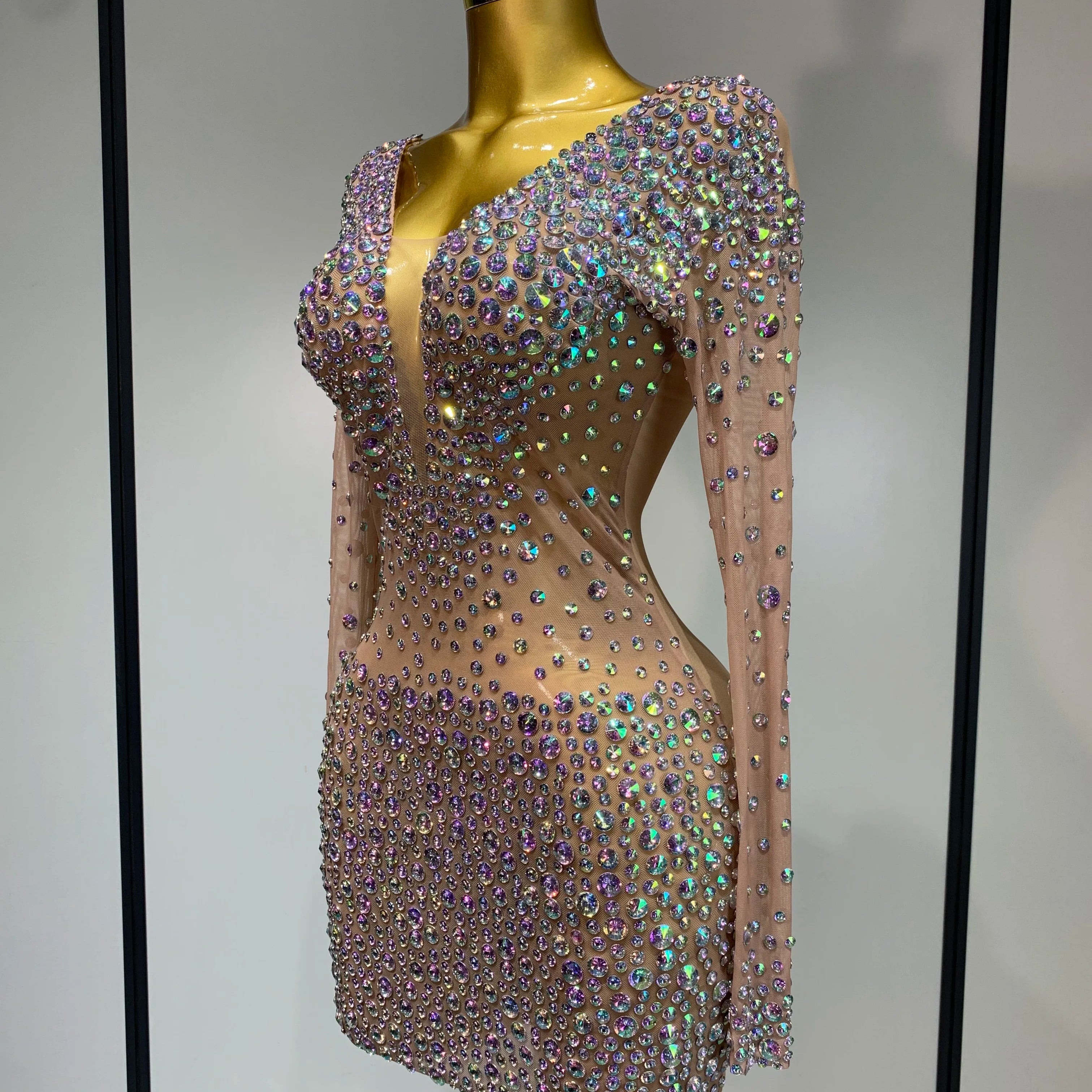 Sparkly Luxury Rhinestones Colourful Mini Dress Women Sexy Mesh See Through Birthday Performance Costume Dancer Stage Wear