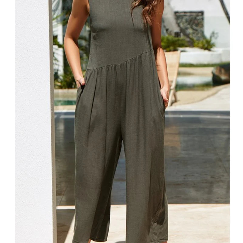 Women Casual Loose Long Jumpsuit Summer Solid Strap Wide Leg Jumpsuit Tie Up Backless Solid Color Vacation macacao feminino army green