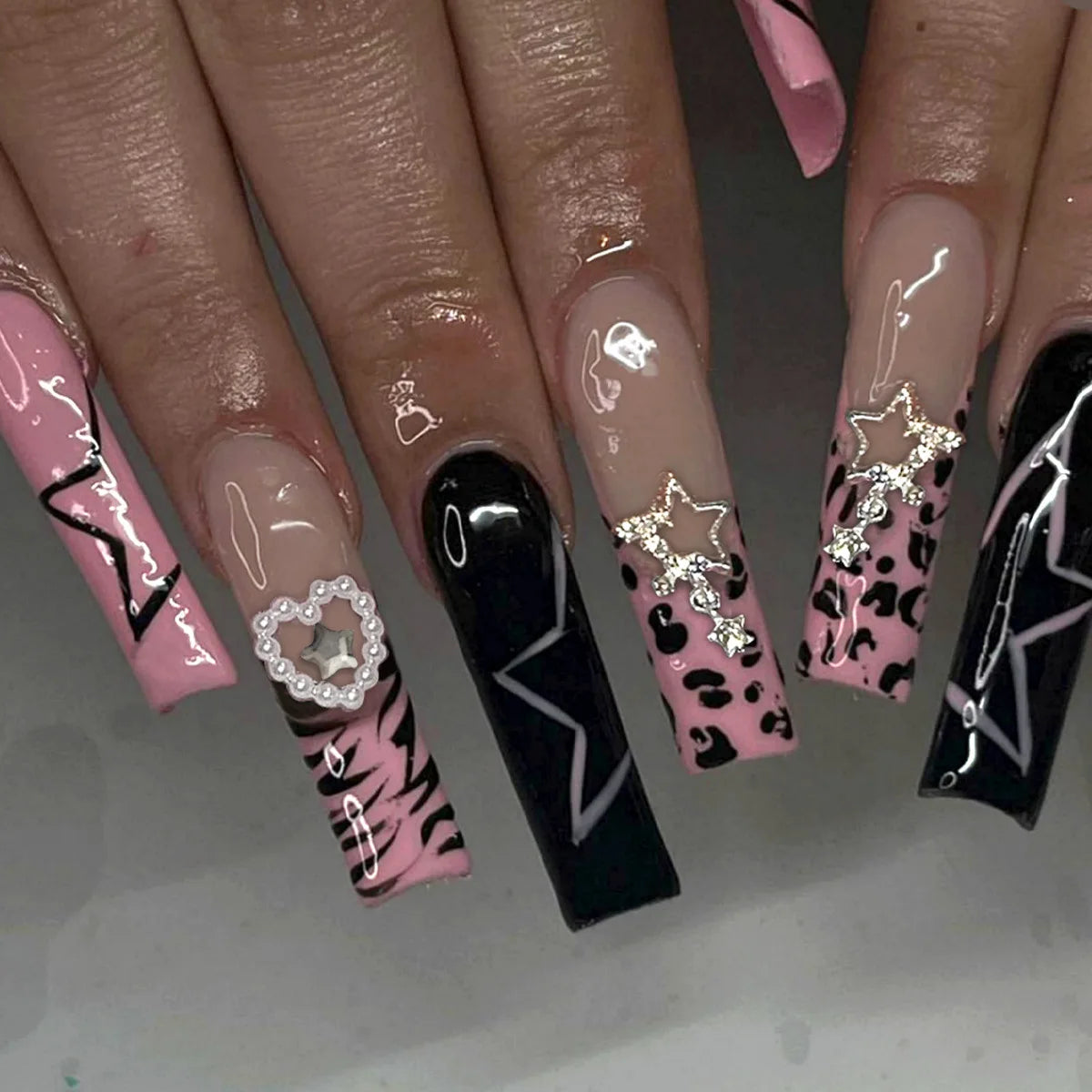 24Pcs Extra Long Square Press on False Nails with Butterfly Design Flowers Bow Pink Full Cover Nails Wearable Fake Nail Manicure