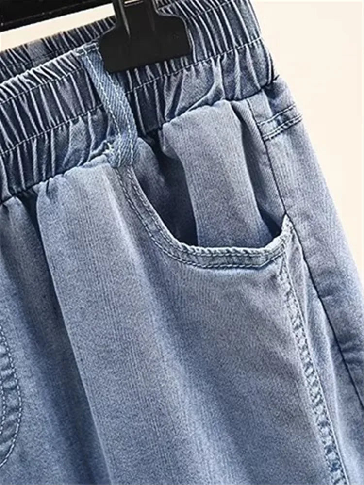 Plus Size Women's Clothing Denim Elasticated Waist Summer Thin Washed Jeans Fatty Wide-Legged Trousers For Obese Ladies Wear