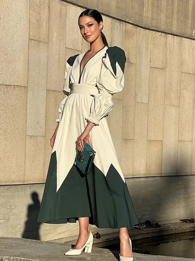 Loose Puff V Neck Backless Printed Maxi Dress Woman Casual Lace Up Lantern Sleeve Robe New Ladies Chic High Street Vestidos