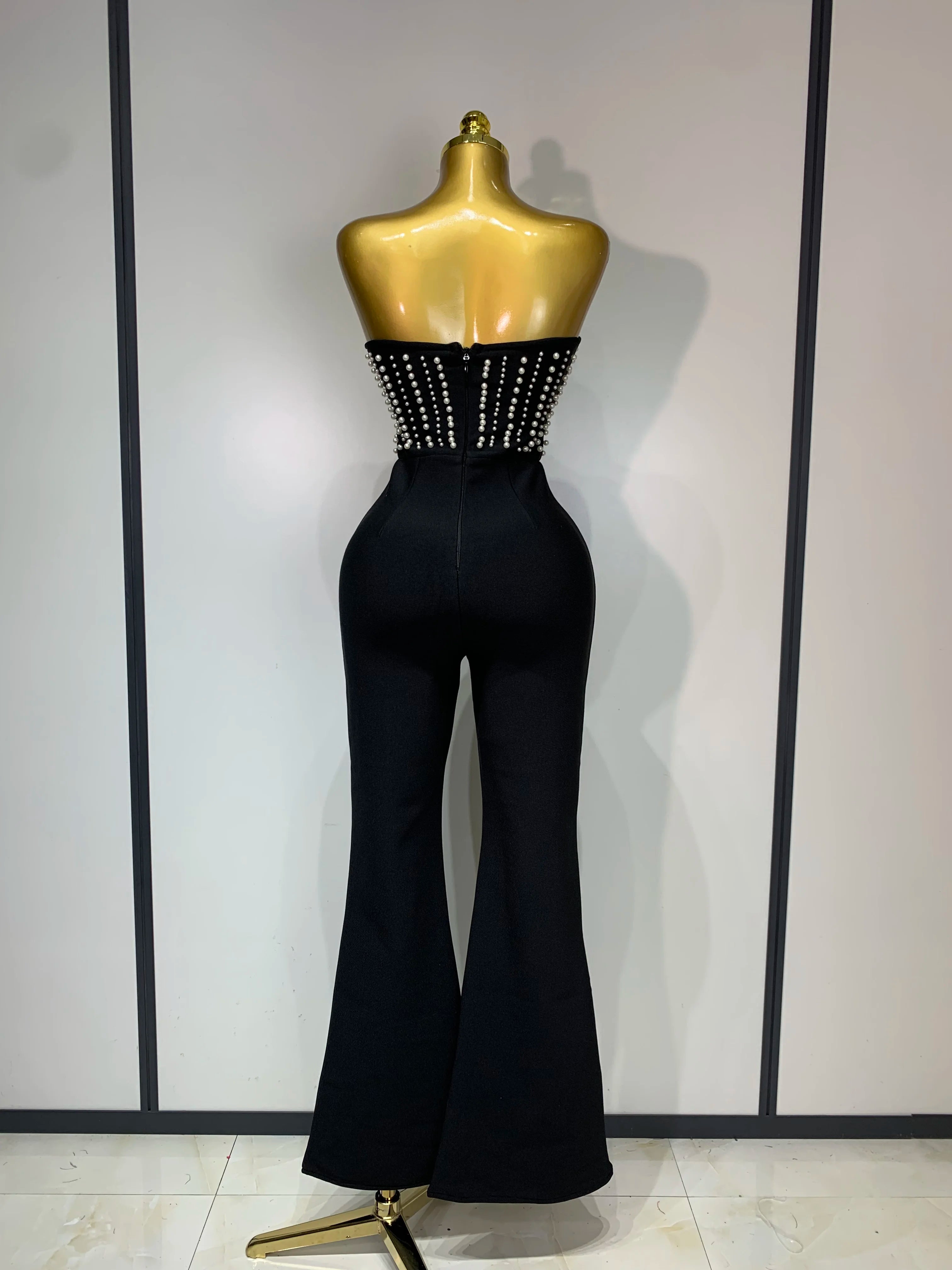 Women Sexy Black Sleeveless Backless Pearls Beaded StraplessBeading Bodycon Bandage Jumpsuit Evening Party Birthday Club Outfit