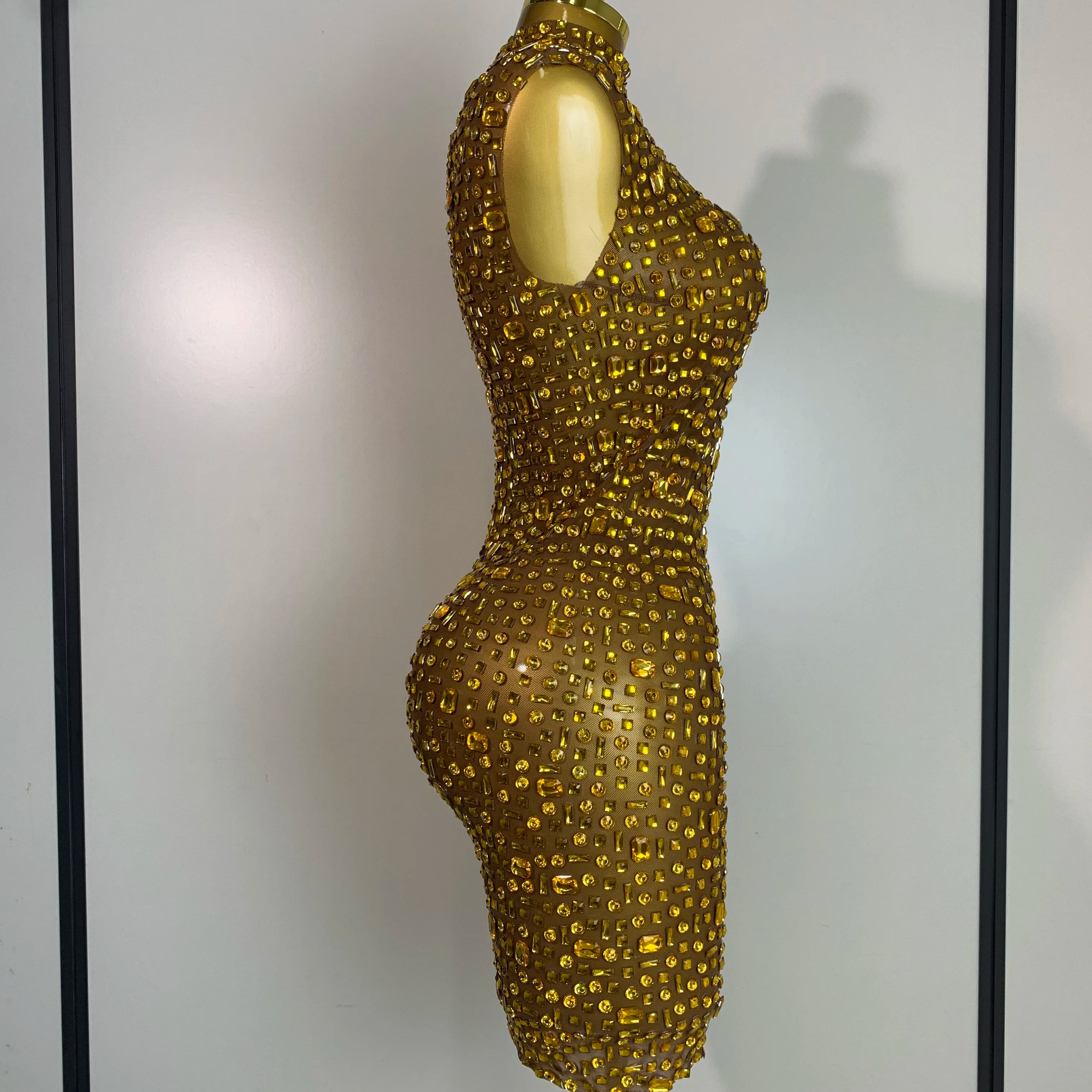 Women Luxury Gold Rhinestone Sexy Mesh Short Dress Sparkly Stage Costume Elegant Party Birthday  Dresses Nightclub Singer Outf