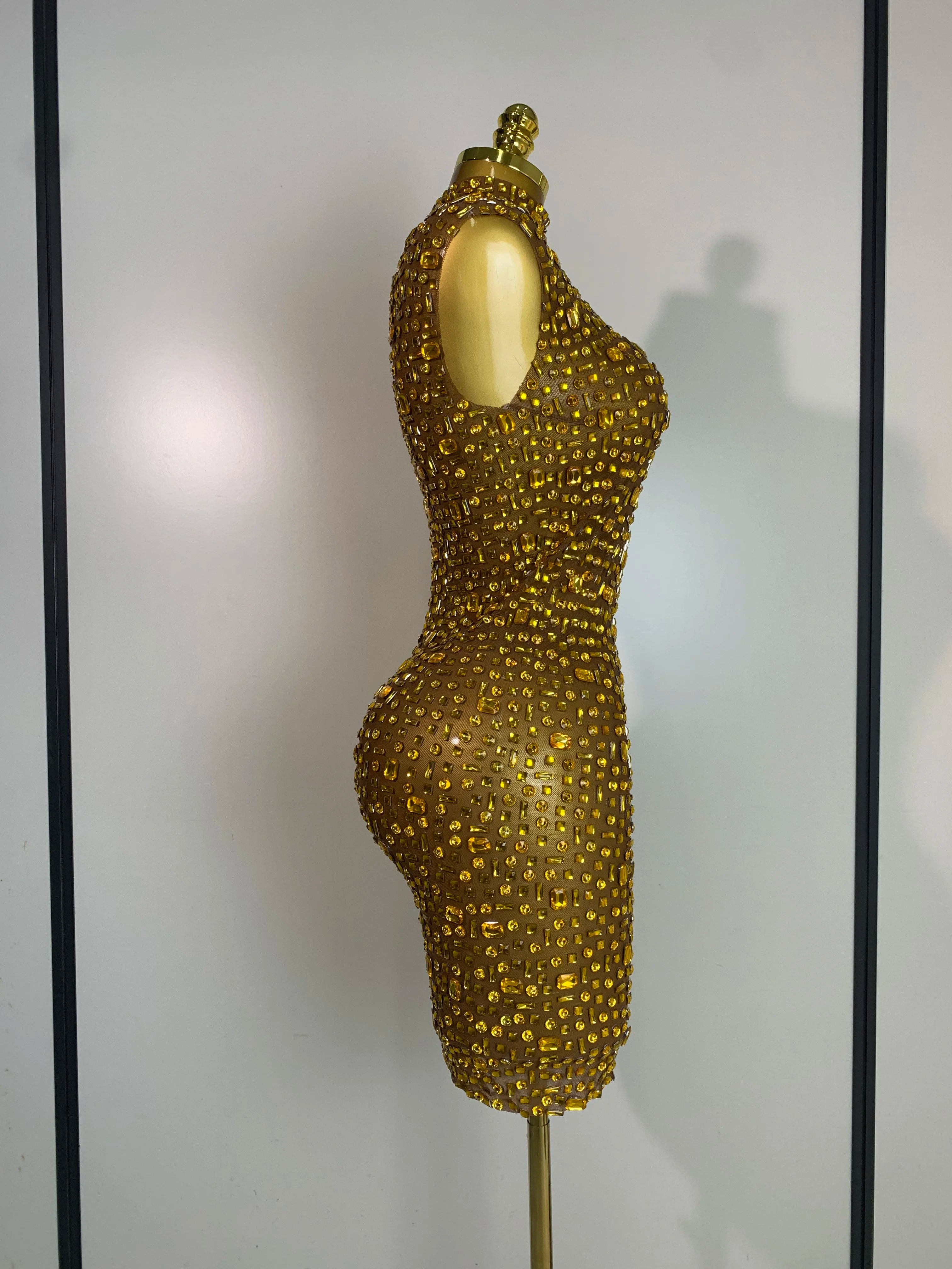 Women Luxury Gold Rhinestone Sexy Mesh Short Dress Sparkly Stage Costume Elegant Party Birthday  Dresses Nightclub Singer Outf