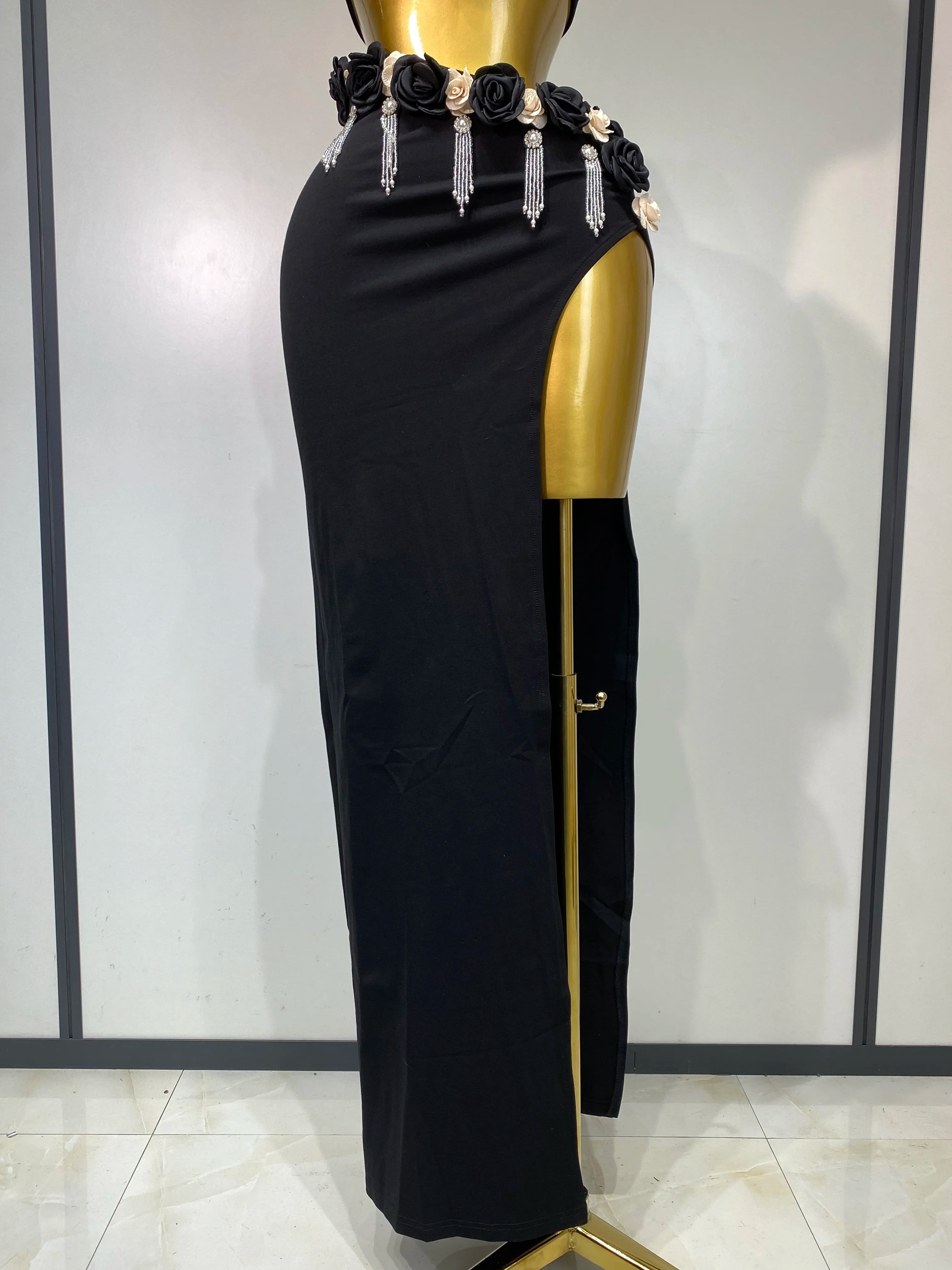 High Quality Women Sexy Flower Strapless Top High Slit Long Skirt Elegant Evening Party Two Piece Set Luxury Birthday Club Gown