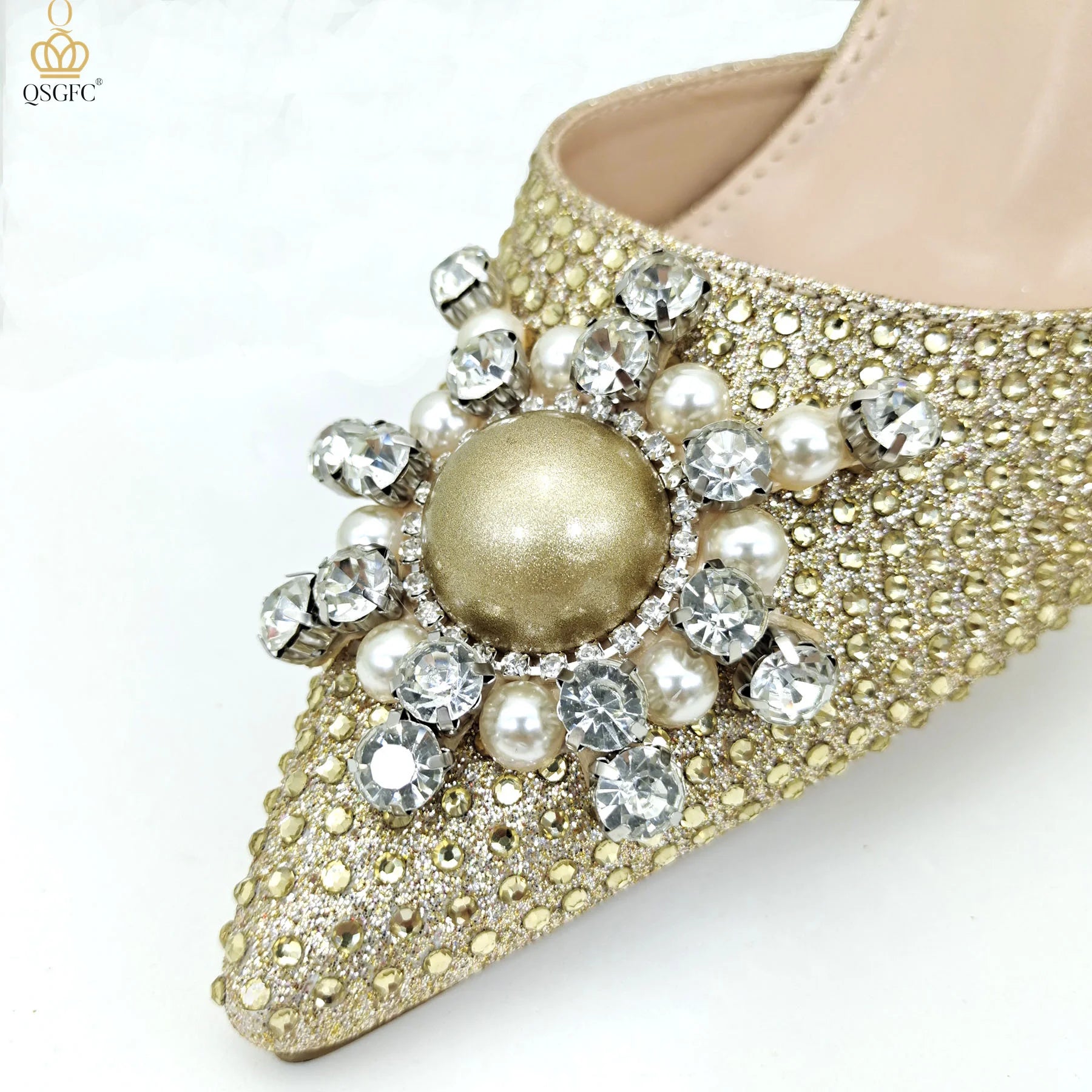 Gold Color Elegant Lady Shoes And Bag Set with Rhinestone Embellished Pearls-knot Wear-resistant And Comfortable Heel