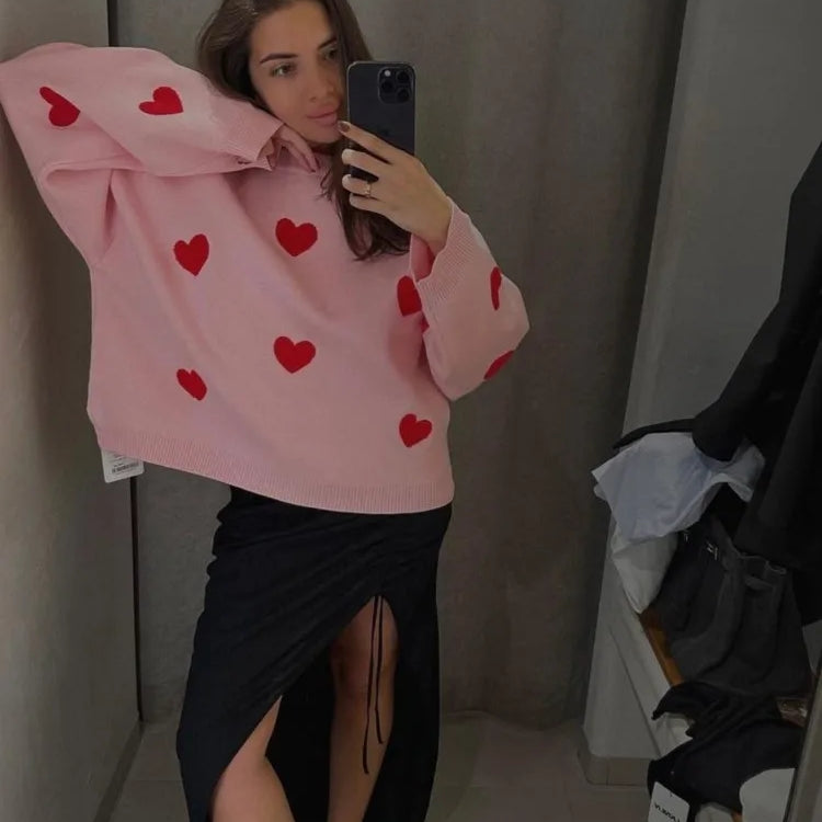 Chic Sweet Love Embroidery Knitting Sweaters Women Long Sleeved O-neck Pullovers Winter New Female Casual Fashion Sweaters Pink