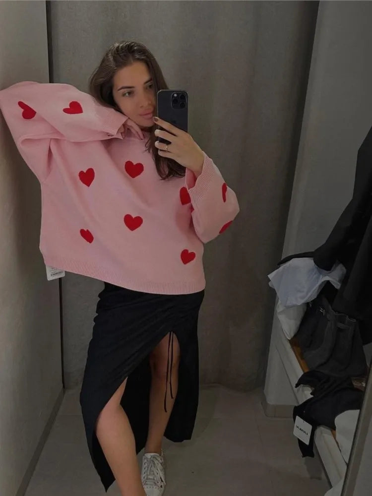 Chic Sweet Love Embroidery Knitting Sweaters Women Long Sleeved O-neck Pullovers Winter New Female Casual Fashion Sweaters Pink