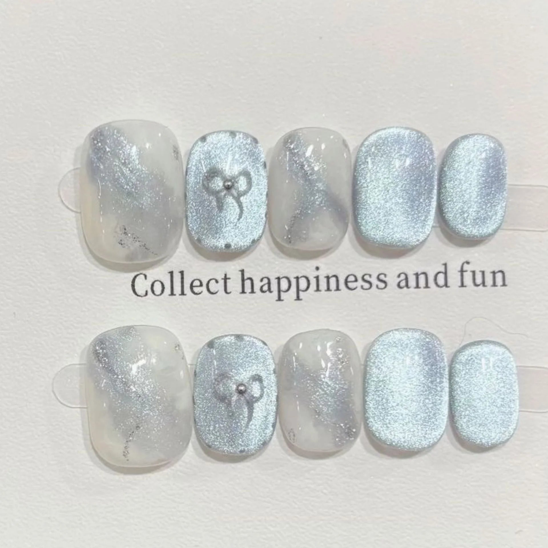 10pcs Cat's Eye Handmade Fake Nails Art Reusable Cute Fish Ocean Blue False Nail Tips Short Square Round Press on Nails Finished