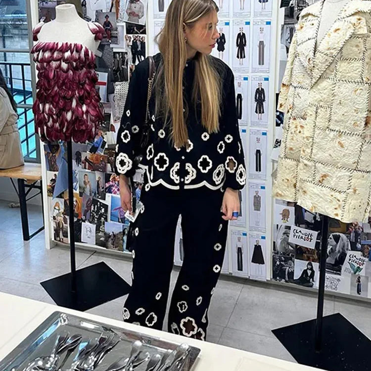 Spring Autumn Fashion Women Flower Hollow Out embroidery Pants Set Retro Lapel Long Lantern Sleeve Shirt Suit Streetwear