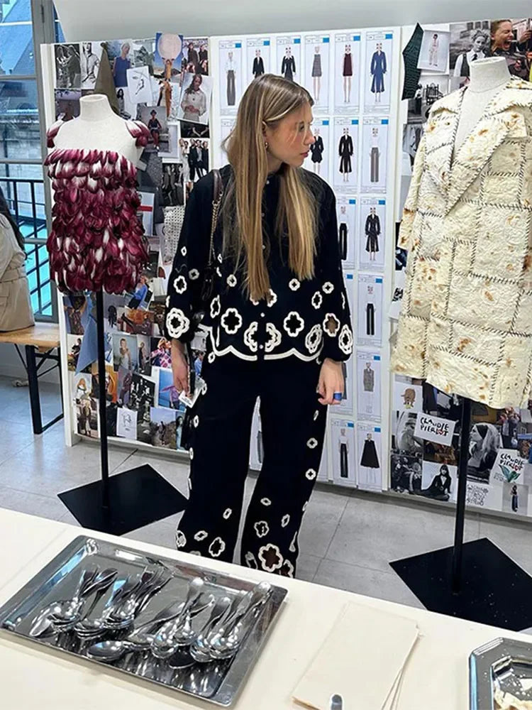 Spring Autumn Fashion Women Flower Hollow Out embroidery Pants Set Retro Lapel Long Lantern Sleeve Shirt Suit Streetwear