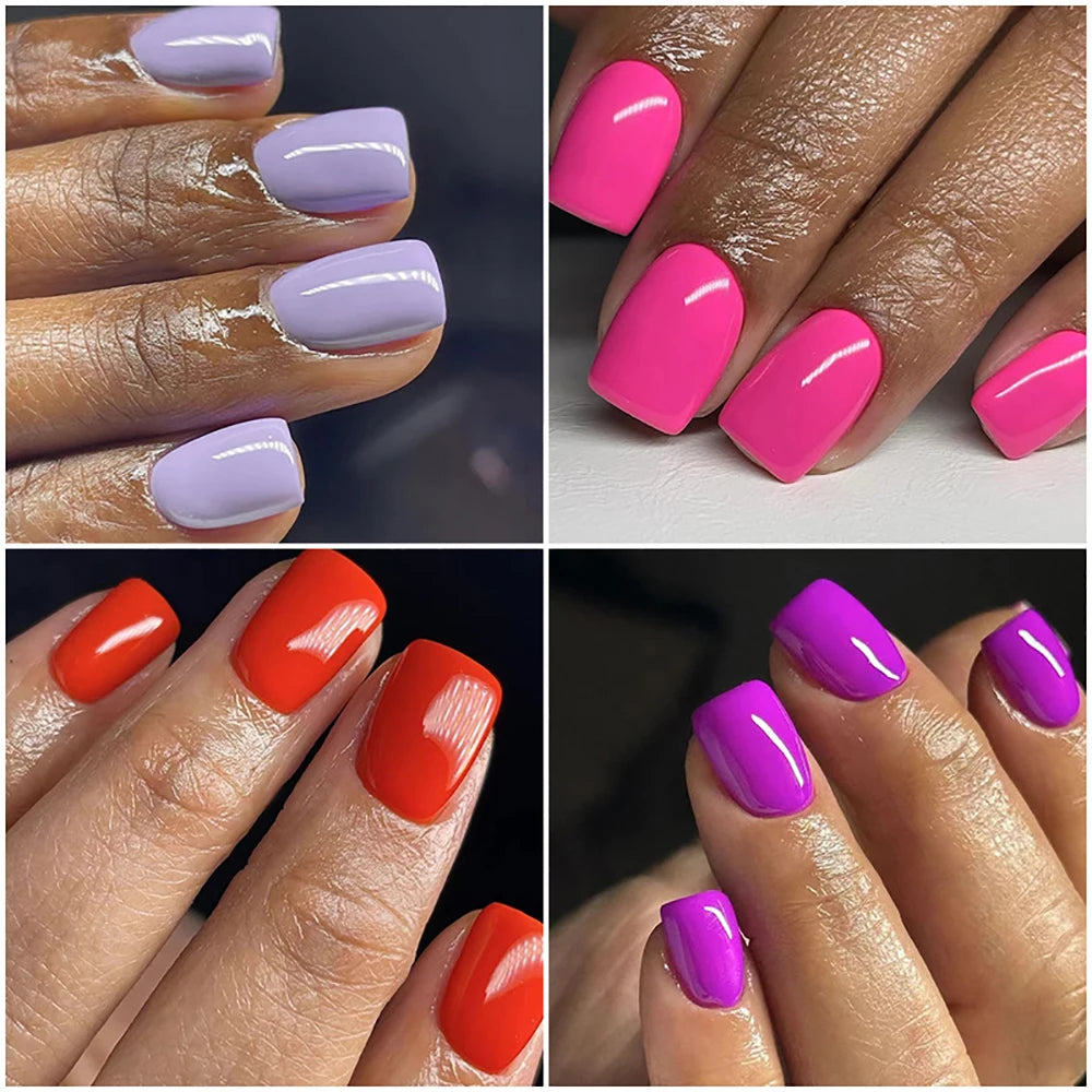 96pcs/set short square fake nails glossy summer 4 colors pink red purple green blue faux ongles press on charm false nail kit