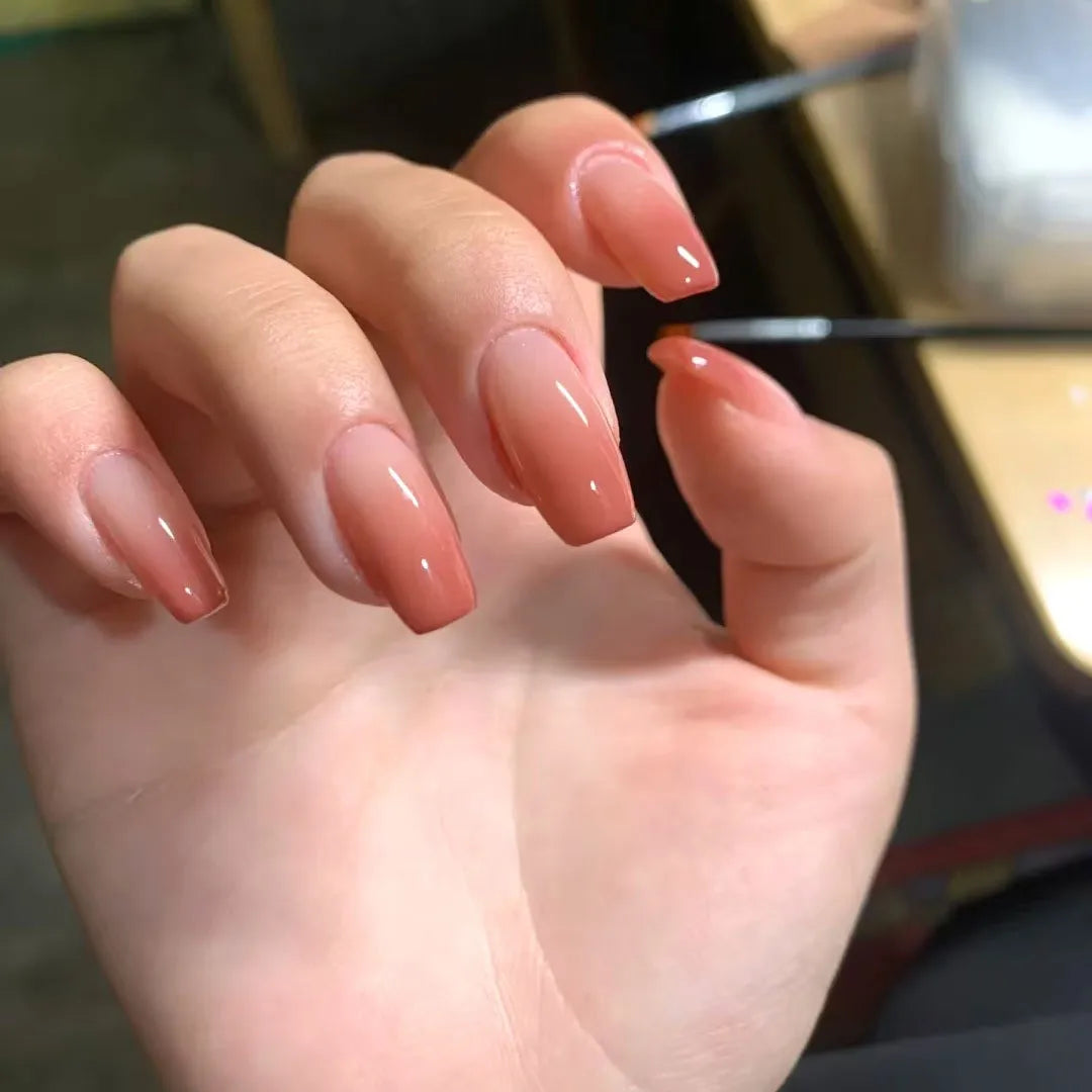 Gradient Color Press On Nails 24Pcs Medium-length Coffin Fake Nails Ballet Nude Color Charm Manicure Stick-on Nail Supplies