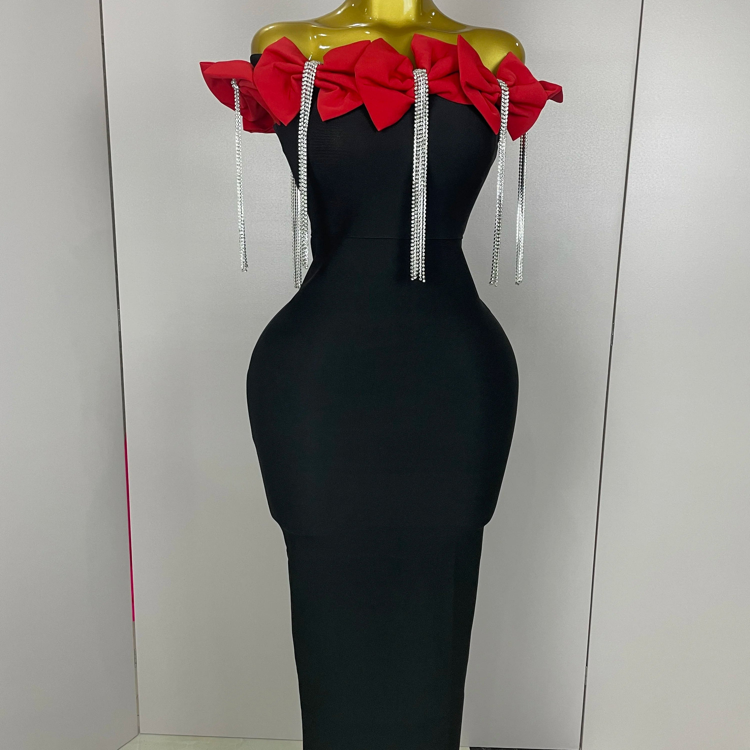 Vestido longo feminino 2025, celebridade, sexy, ombro de fora, flor, diamantes, preto, gravata borboleta, longo, tamanho XL, elegante, para festa à noite