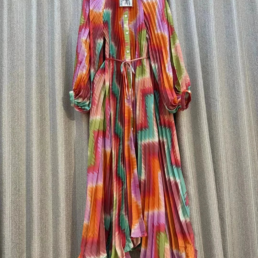 French Chic Print Pleated Maxi Party Dress For Women Retro Single Breasted Long Sleeve A-line Autumn Casual Vacation Female Robe Pink Blue One Size