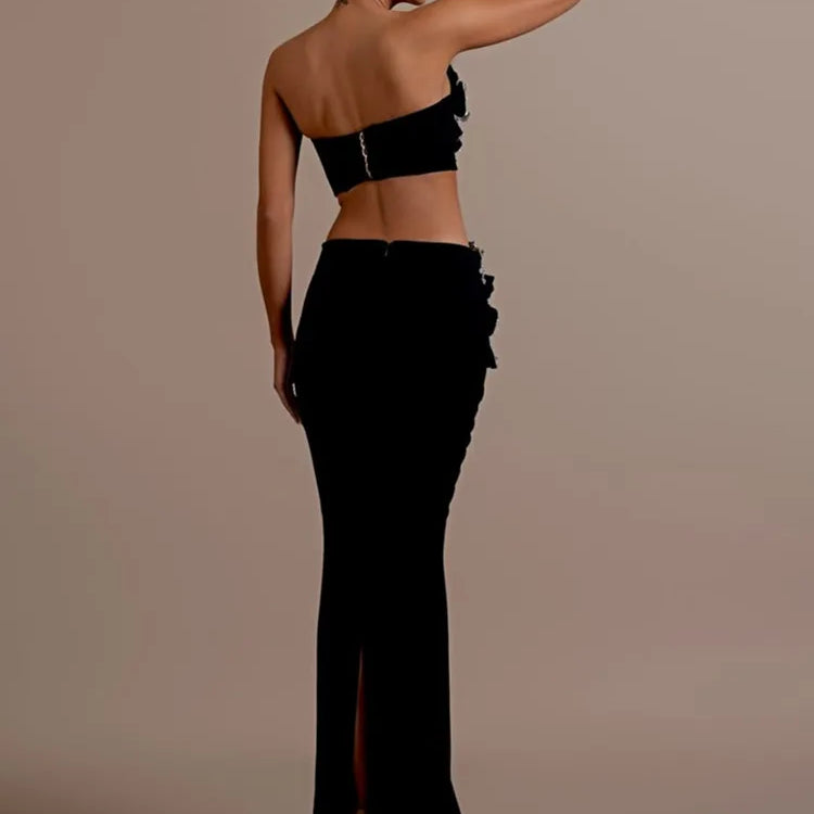 Conjunto feminino sexy sem alças com flor diamantes cristal preto maxi saia longa bandagem malha elegante roupa de festa para clube à noite